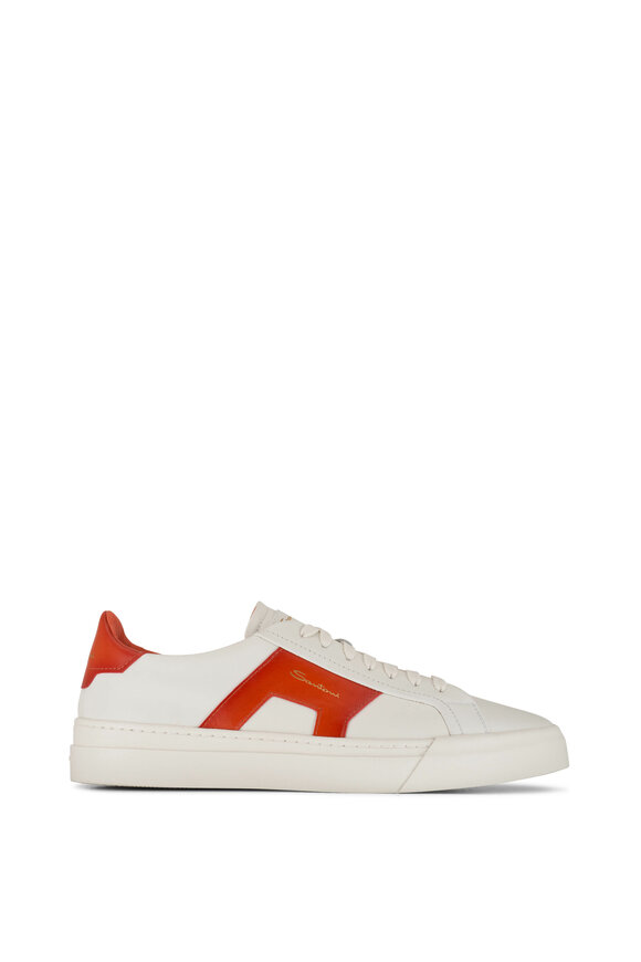 Santoni - Double Buckle White & Orange Leather Sneaker 