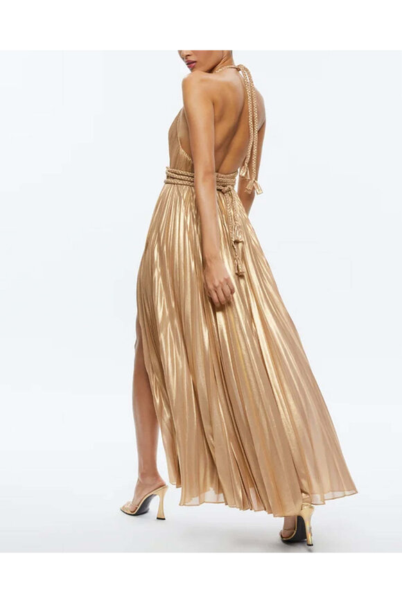 gold prom dress inspo Jovani 43883 Metallic Gold Pleated Gown – Sparkly Gowns main image 0