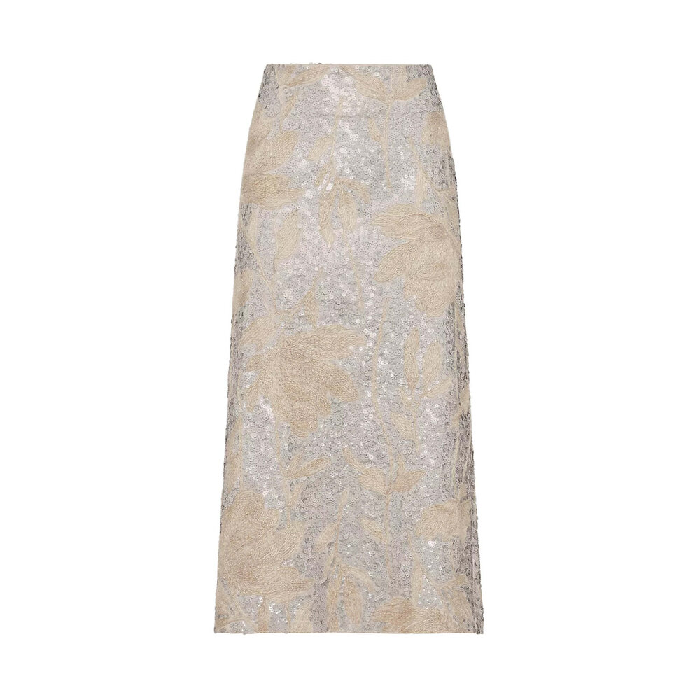 Brunello Cucinelli★素敵!Striped Sequined Midi Skirt Brunello Cucinelli - Natural Paillette Magnolia Embroidered