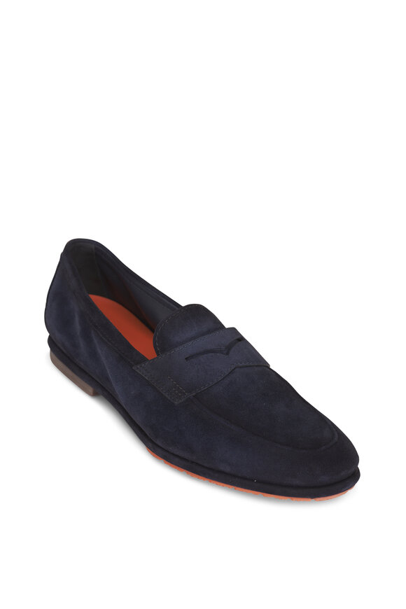 Santoni Carlos Navy Blue Suede Penny Loafer - view 1