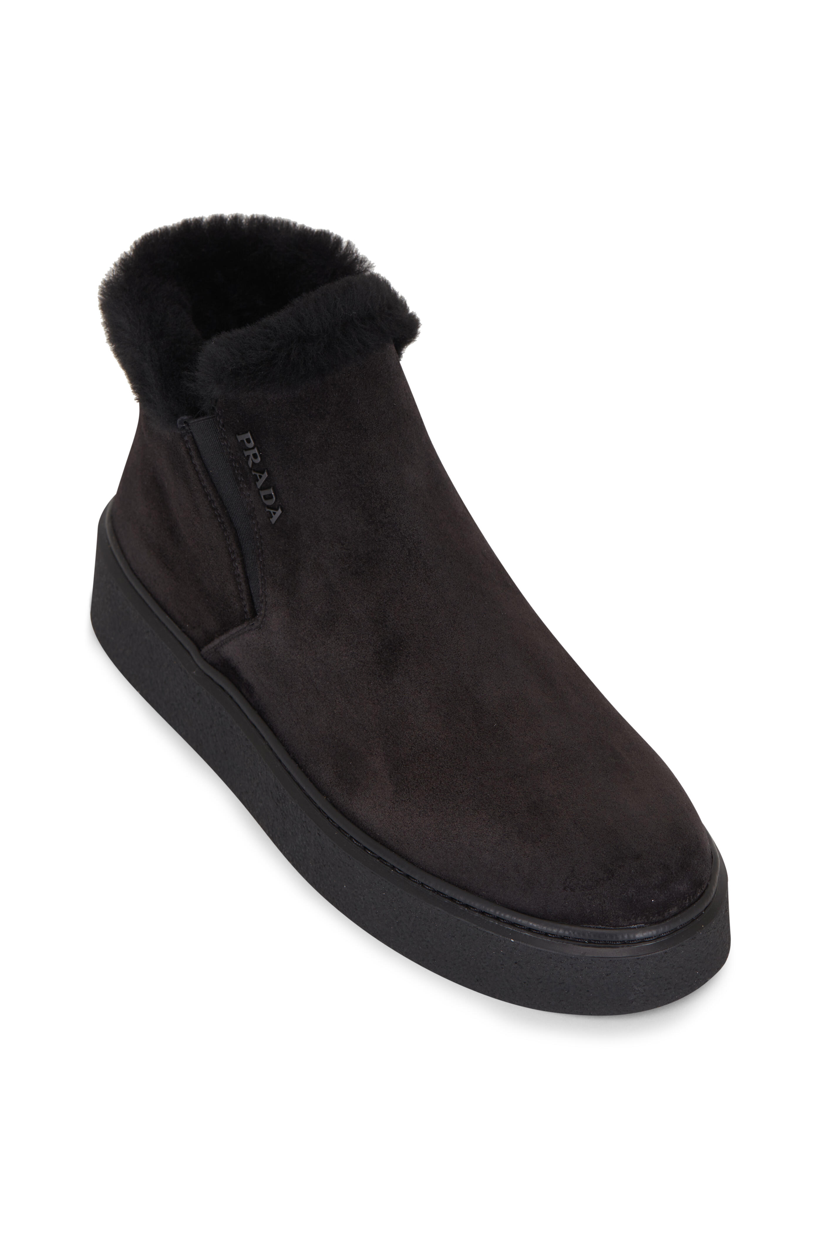 Prada - Black Suede Shearling Ankle Boot | Mitchell Stores