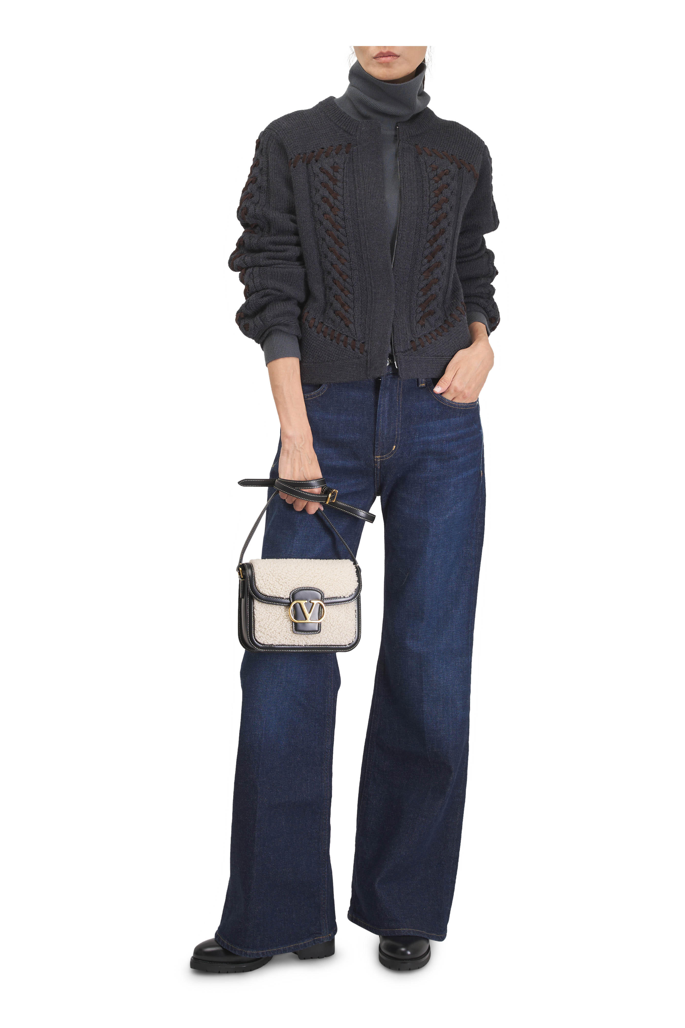 Valentino Garavani - 9TO5 Black & Natural Shearling Crossbody