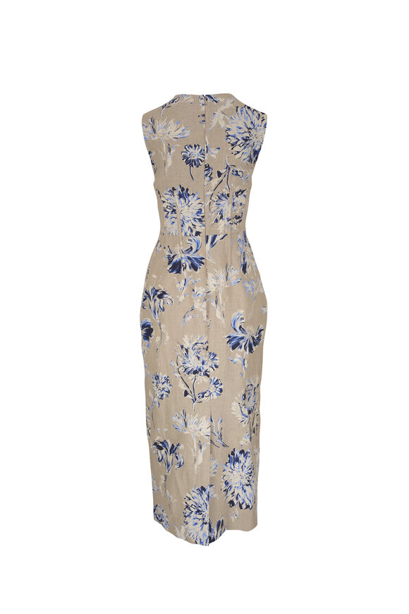 Lela Rose - Oxford Blue Floral Print Linen Seamed Column Dress