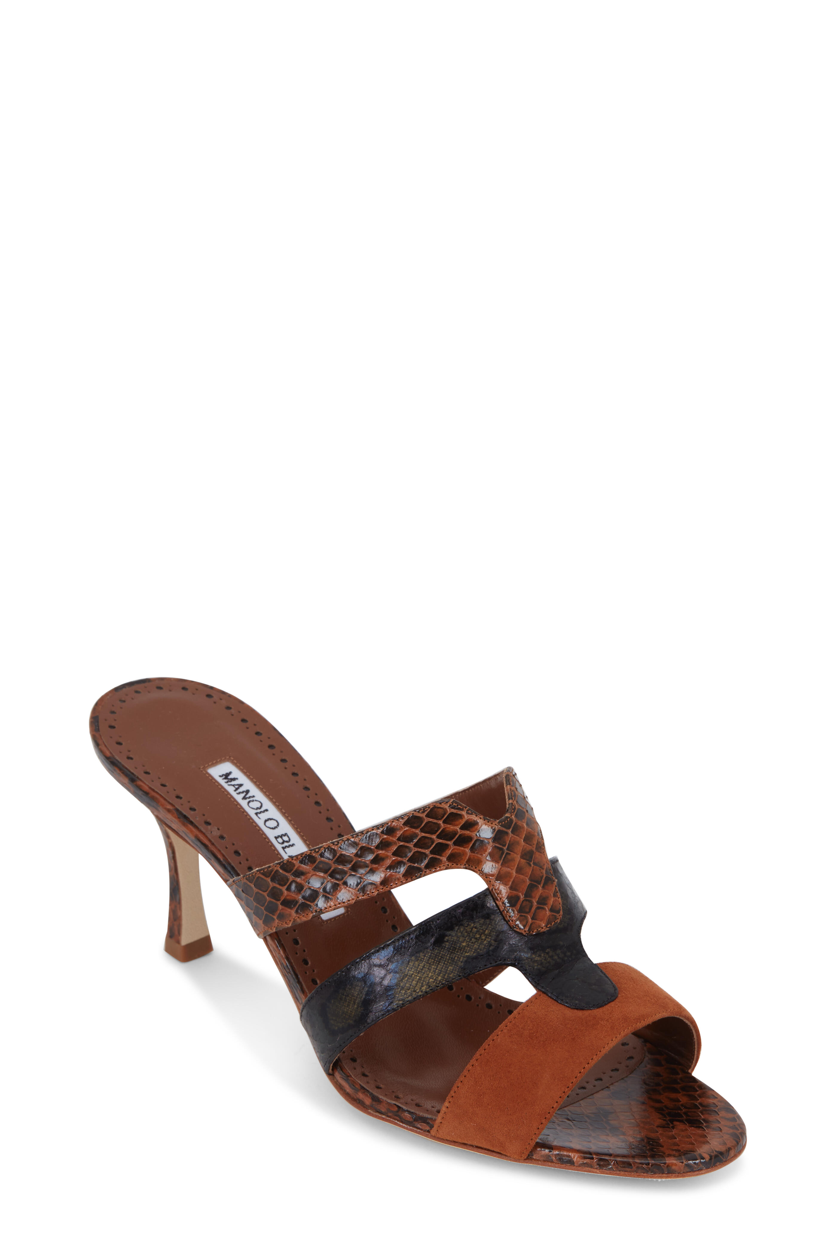 Manolo Blahnik - Pennina Brown Suede & Snakeskin Mule, 70mm