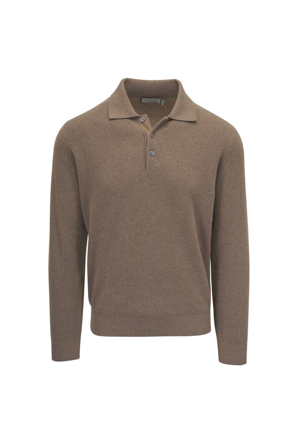 Canali Tan Textured Wool & Cashmere Long Sleeve Polo