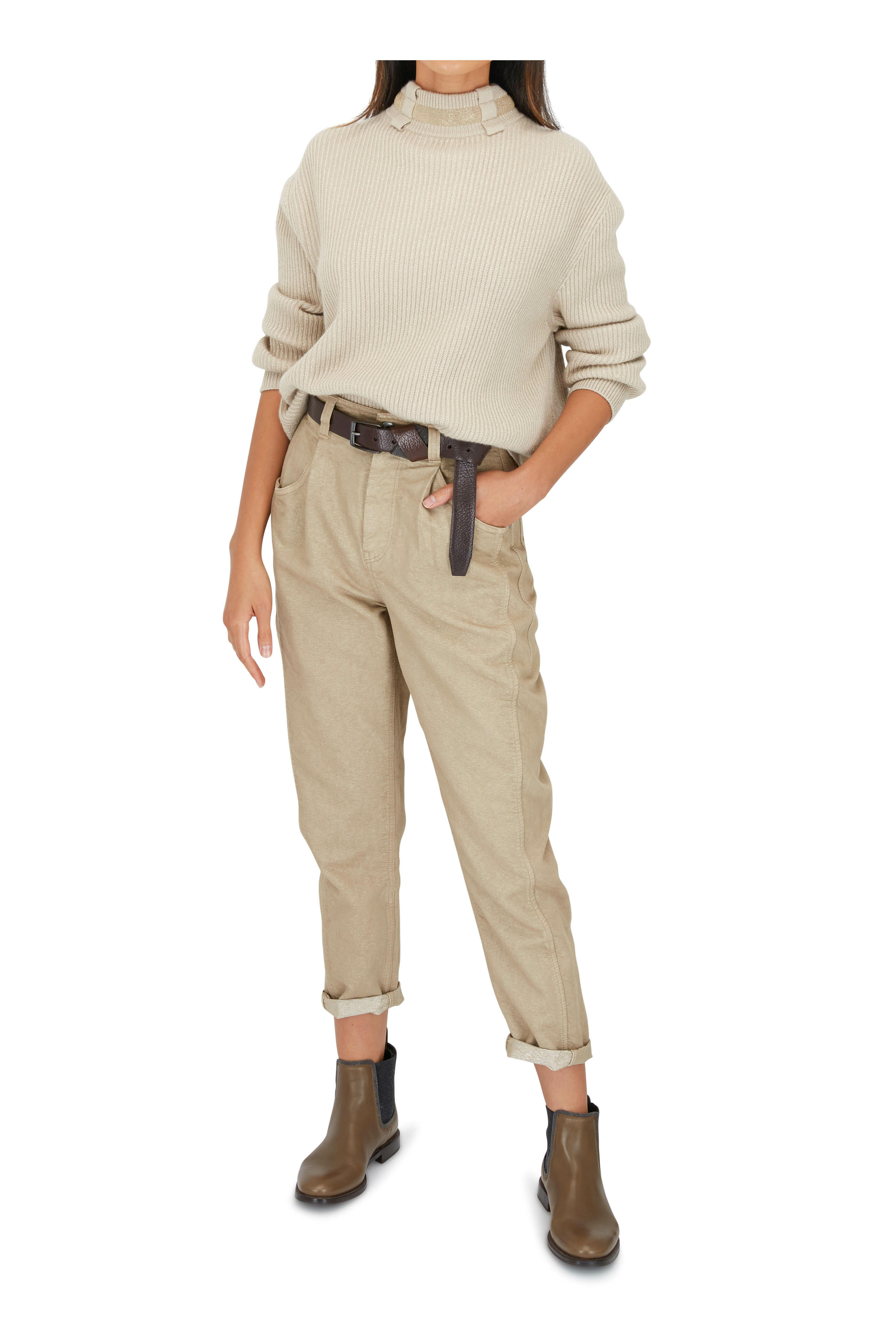 【関税&送料込】Brunello Cucinelli Trousers With Lurex Effec Brunello Cucinelli - Beige Lurex Baggy Tapered Leg Jean