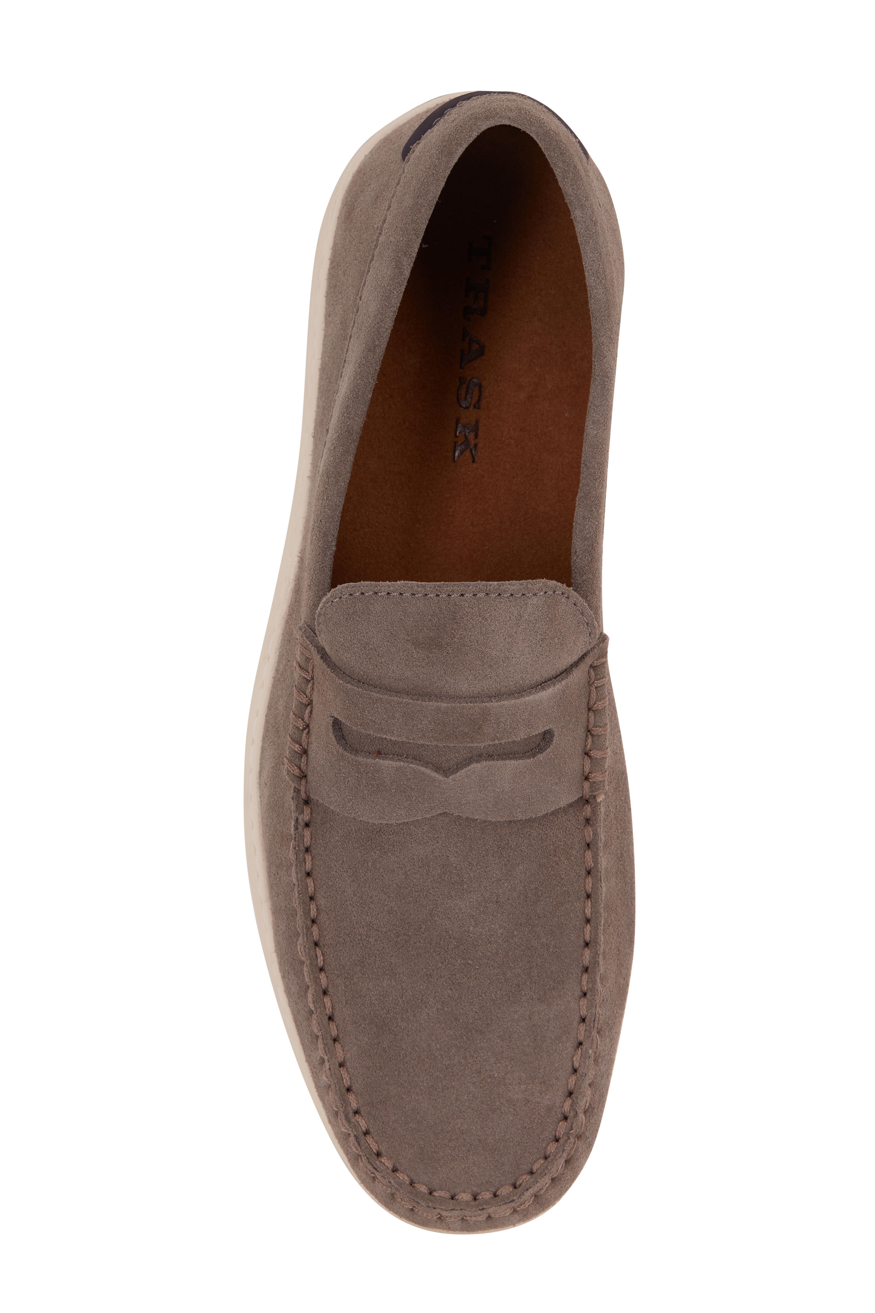 Trask Sheldon Gray English Suede Penny Loafer Mitchell Stores