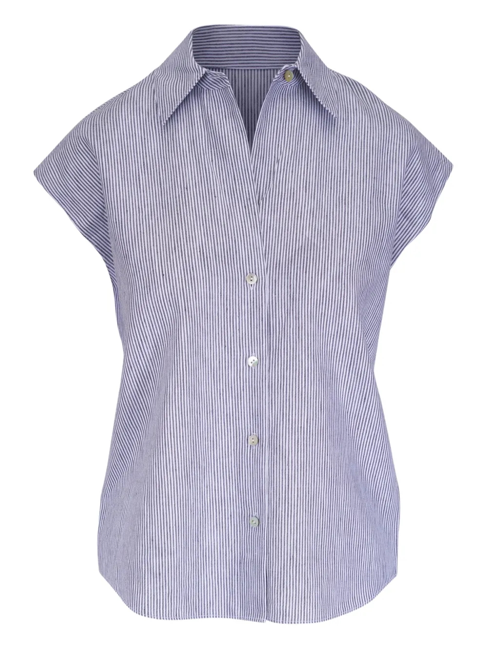 (取寄) ヴィンス レディース ストライプ キャップ スリーブ ブラウザ Vince women Ticking Stripe Cap Sleeve Blouse Iris Slate/Off-white Ticking Stripe Linen-Cotton Cap-Sleeve Blouse in Short