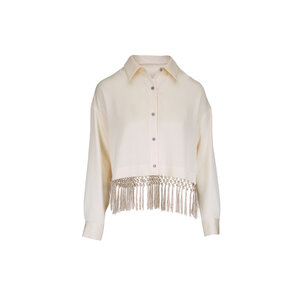 Lela Rose - Winter White Washed Satin Cropped Button Up Blouse