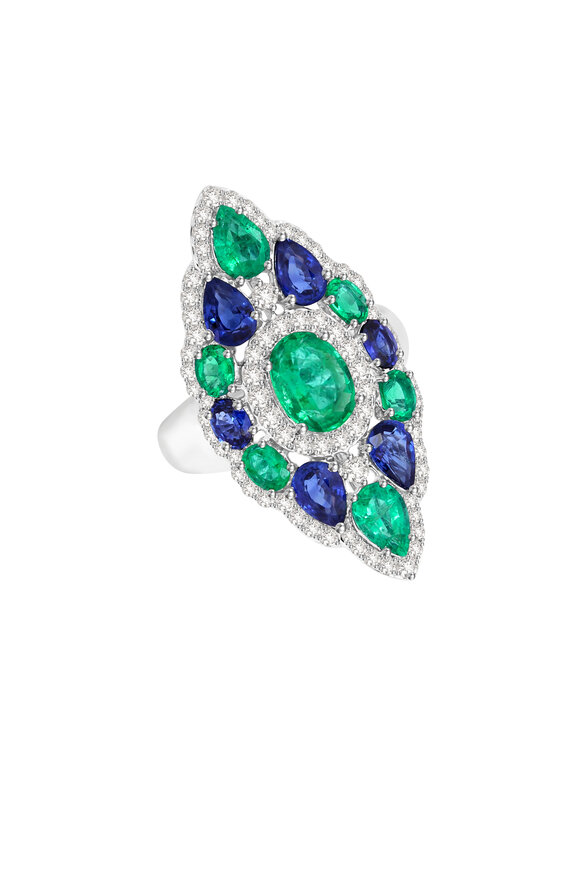 Sutra - 18K White Gold Emerald & Sapphire Ring