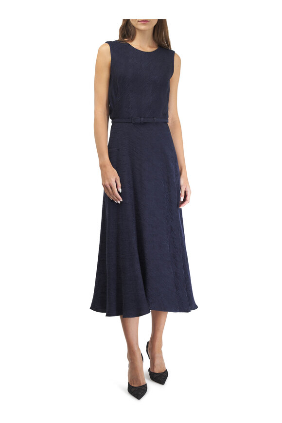 Olivine Gabbro - Navy Blue Round Neck Flare Midi Dress