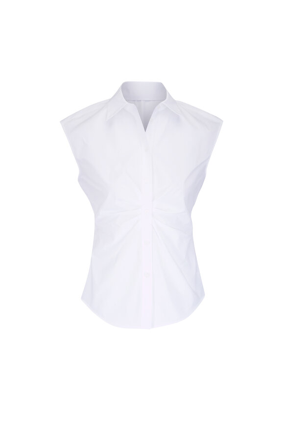 Lafayette 148 New York White Organic Cotton Poplin Pleated Waist Shirt