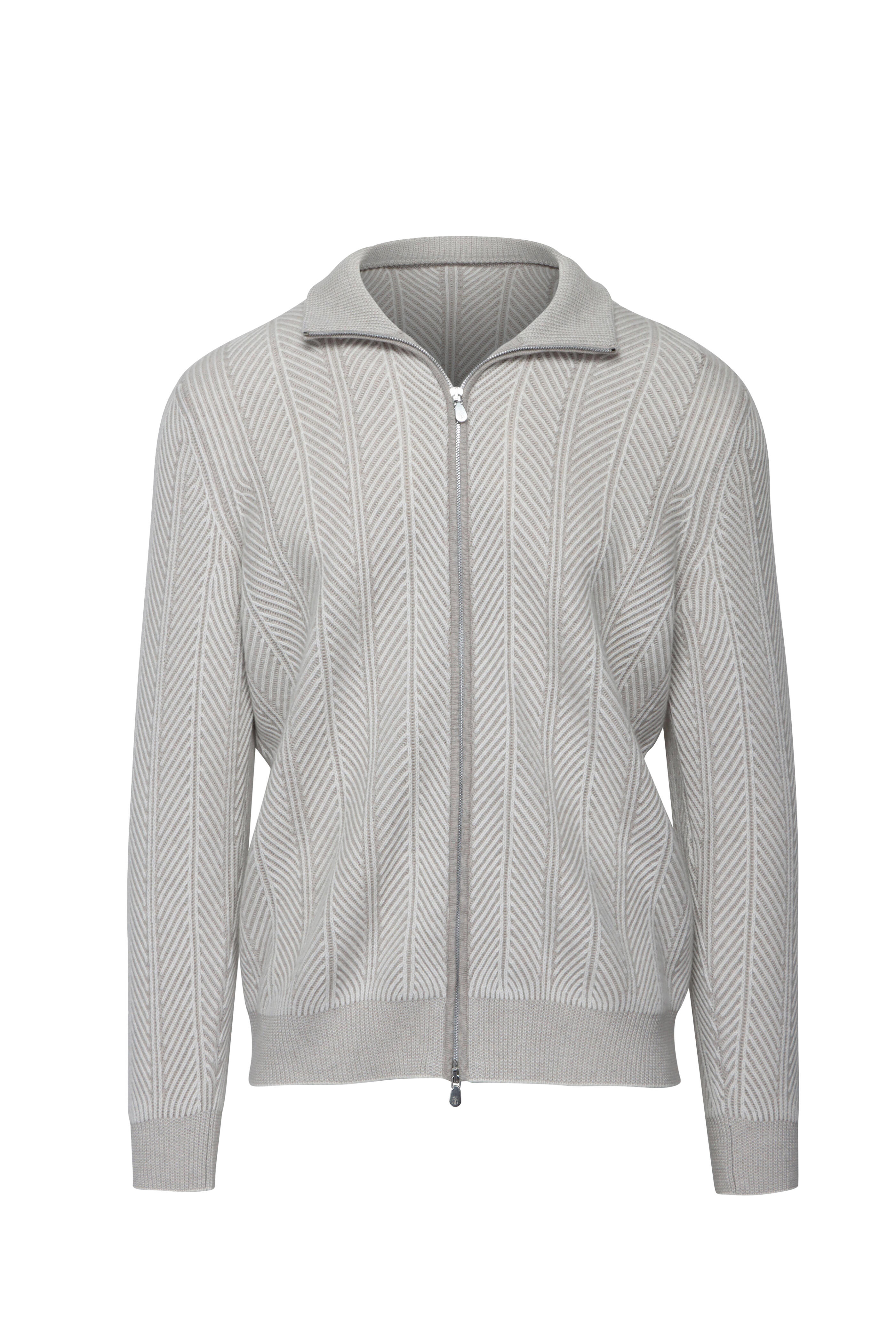 Brunello Cucinelli - Cream & Gray Chevron Full Zip Sweater