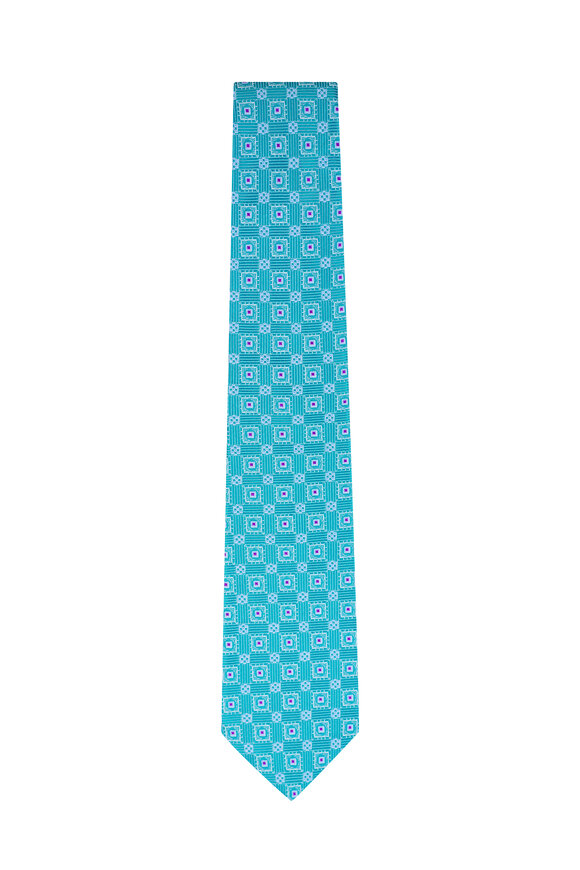 Kiton Aqua Geometric Print Silk Necktie