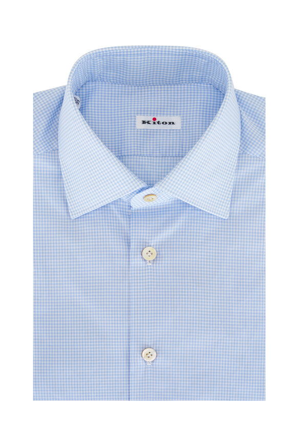 Kiton Light Blue Small Check Dress Shirt