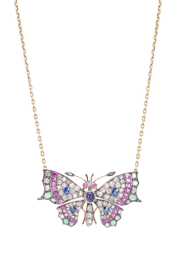 Vintage Collection 14k Yellow Gold Mixed Gemstone Butterfly Necklace - view 2