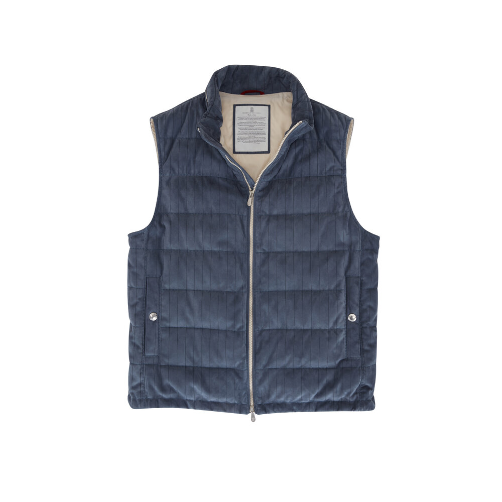 Brunello Cucinelli - Blue Pinstripe Suede Vest | Mitchell Stores