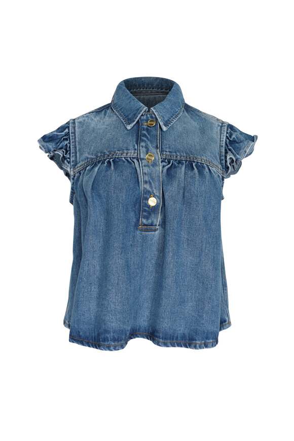 Ganni Blue Denim Ruffle Top