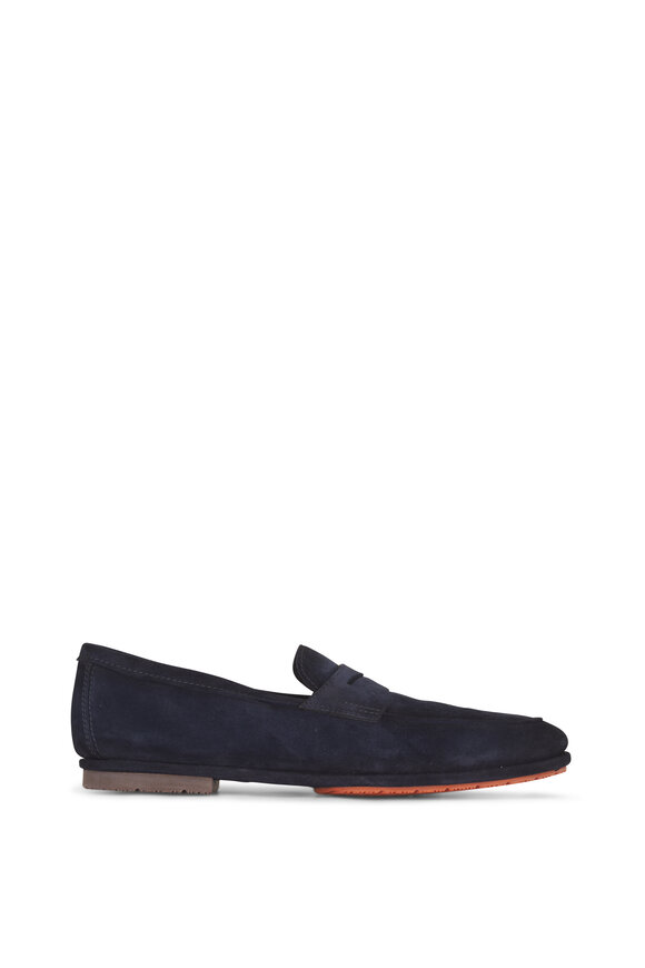 Santoni Carlos Navy Blue Suede Penny Loafer - view 3
