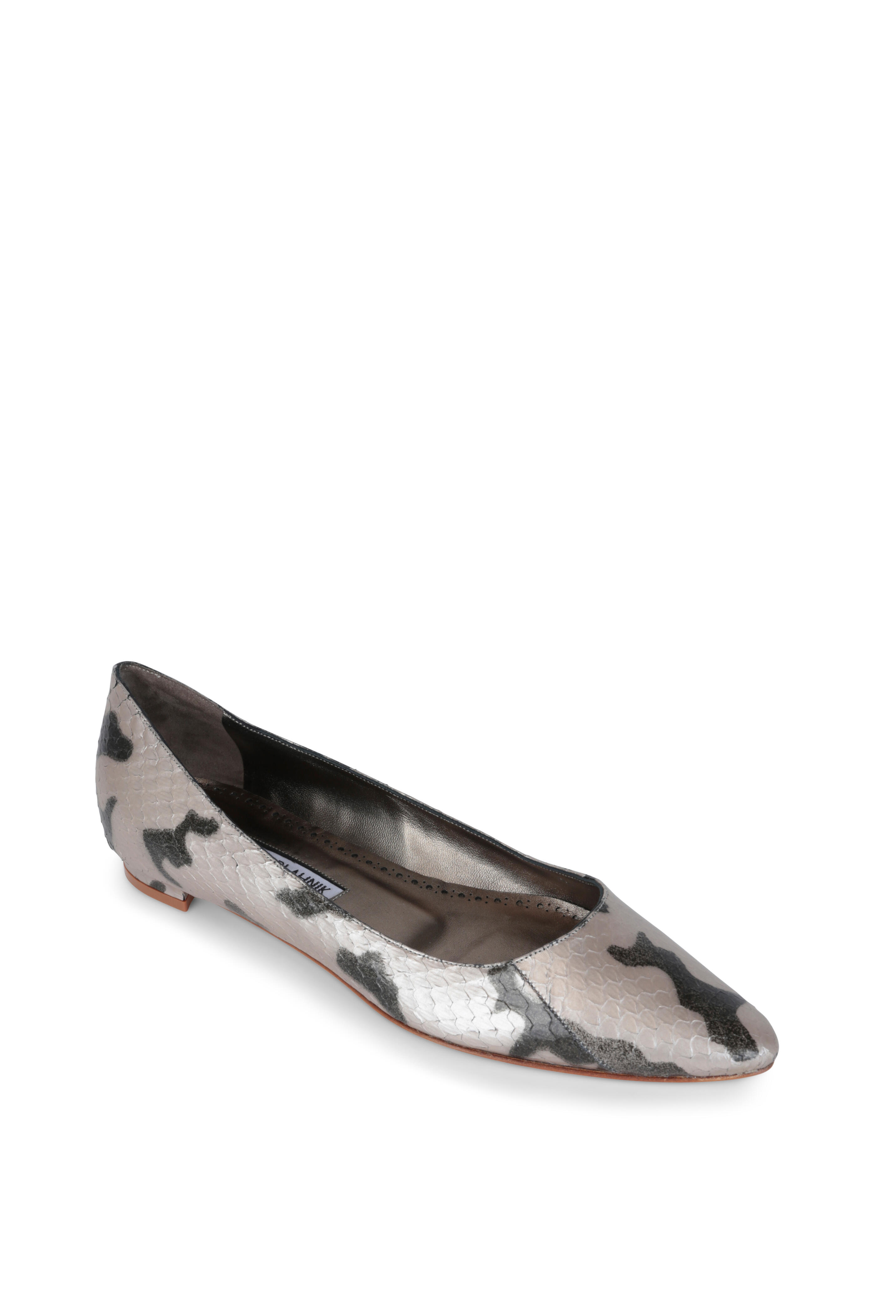 Manolo Blahnik - Titto Silver Metallic Snake Print Leather Flat