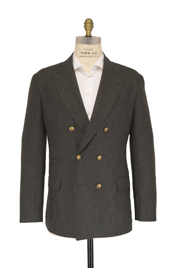 Brunello Cucinelli Dark Green Wool Flannel Double Breasted Sportcoat - view 2
