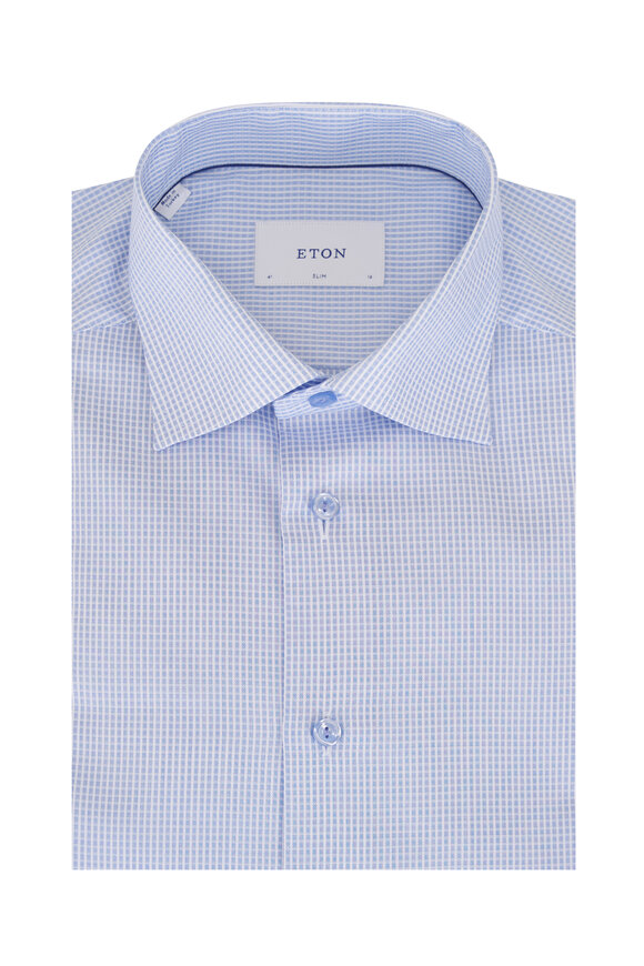 Eton Light Blue Check Cotton Slim Fit Dress Shirt