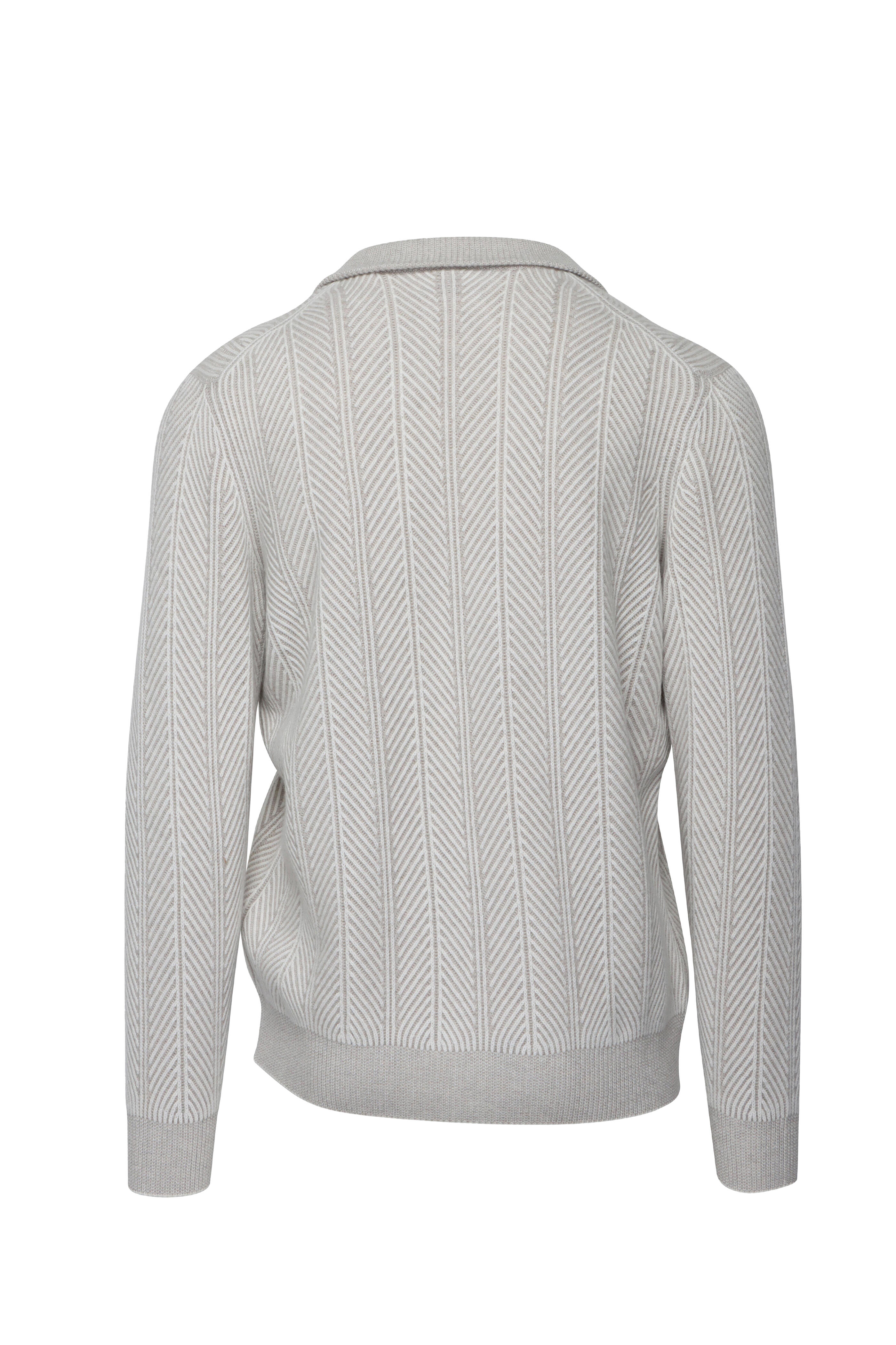 Brunello Cucinelli - Cream & Gray Chevron Full Zip Sweater