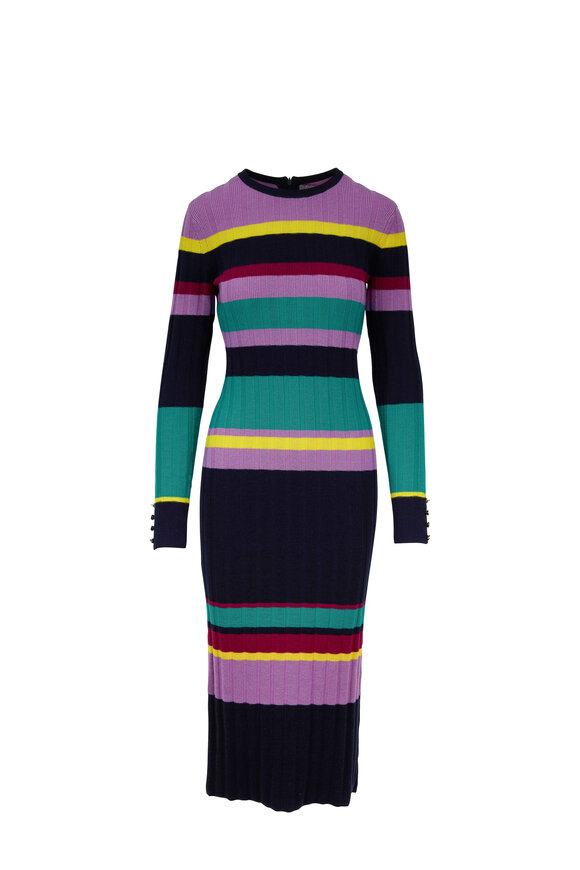 Lela Rose - Navy Multi Stripe Ribbed Knit Dress