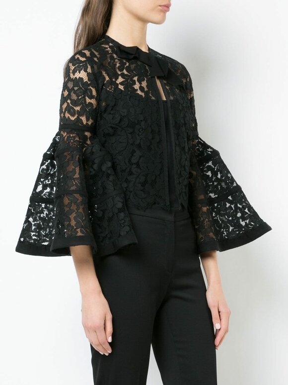 Carolina Herrera - Black Floral Lace Bell Sleeve Crop Cardigan