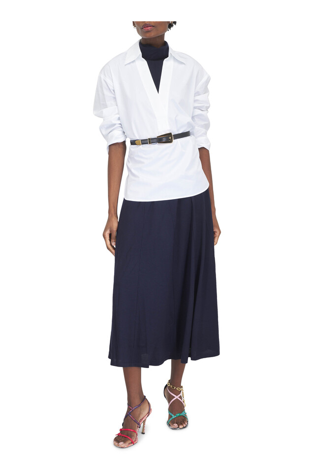 Designer outfit featuring Navy Funnel Neck Sleeveless Top, Navy Seamed Midi Skirt and 2 other pieces