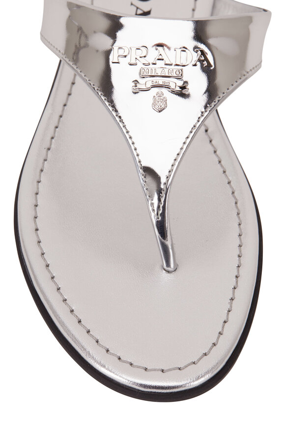 Prada - Silver Leather Logo Thong Sandal