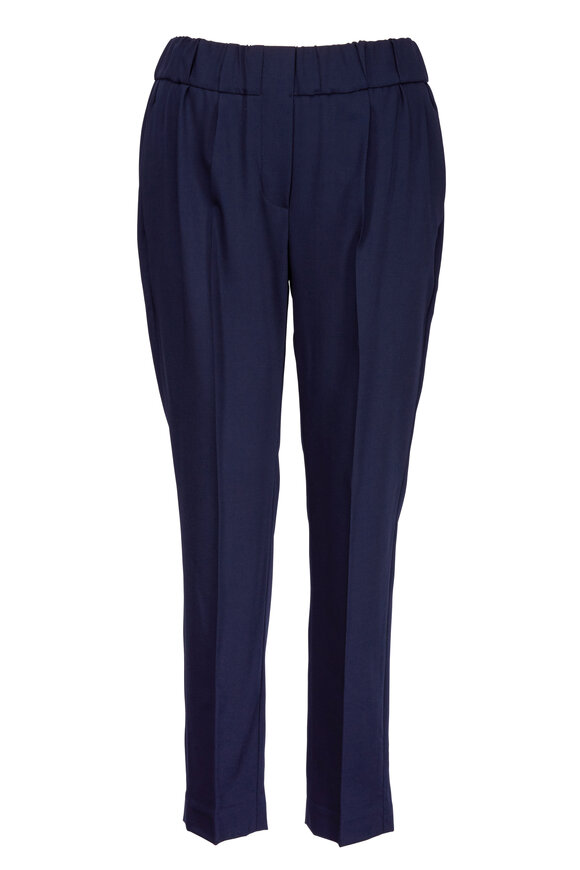 Brunello Cucinelli - Navy Blue Wool Crêpe Pull-On Ankle Pant