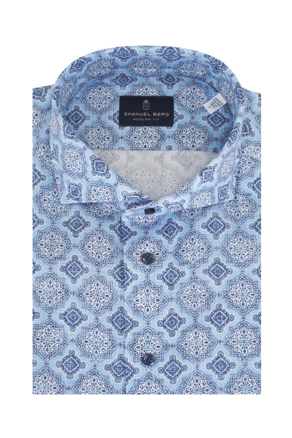 Emanuel Berg Blue Geometrical Print Dobby Dress Shirt