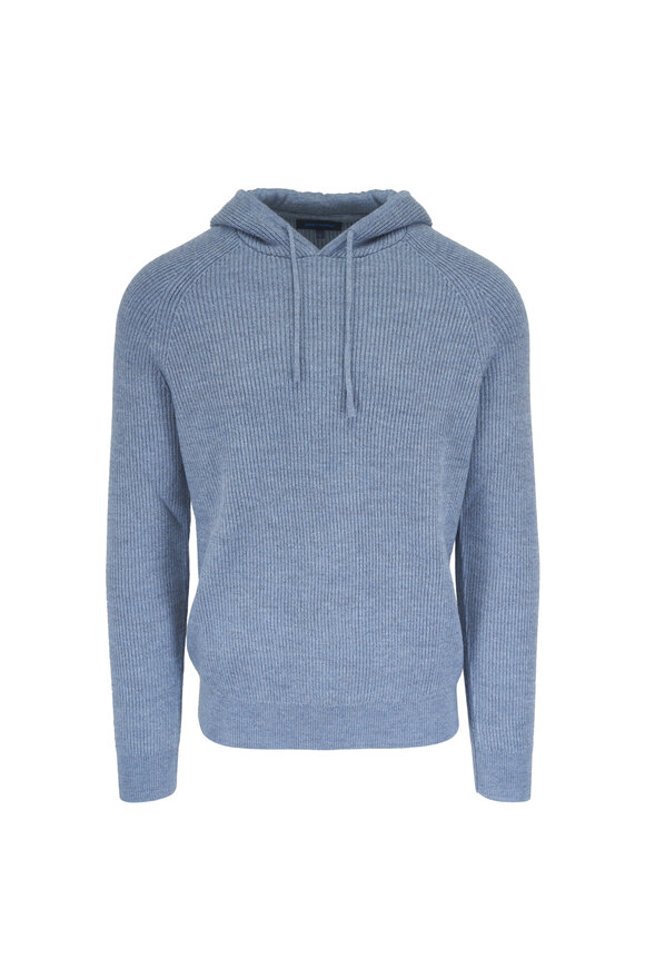 Patrick Assaraf Dusty Blue Wool Ribbed Hoodie - view 1