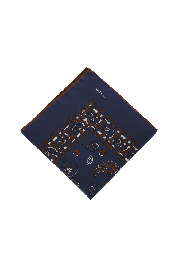 Kiton Navy Paisley Silk Pocket Square 