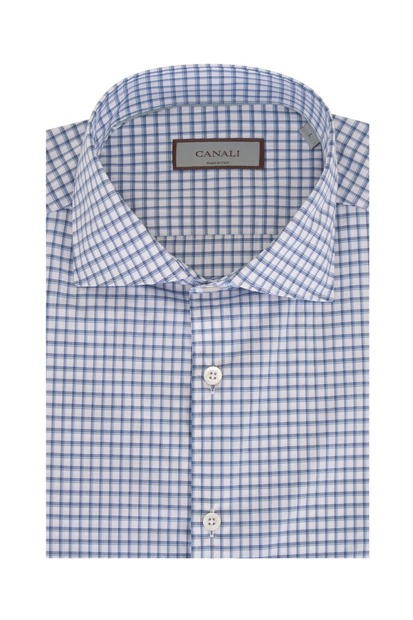 Canali Tonal Blue Tattersall Check Cotton Sportshirt