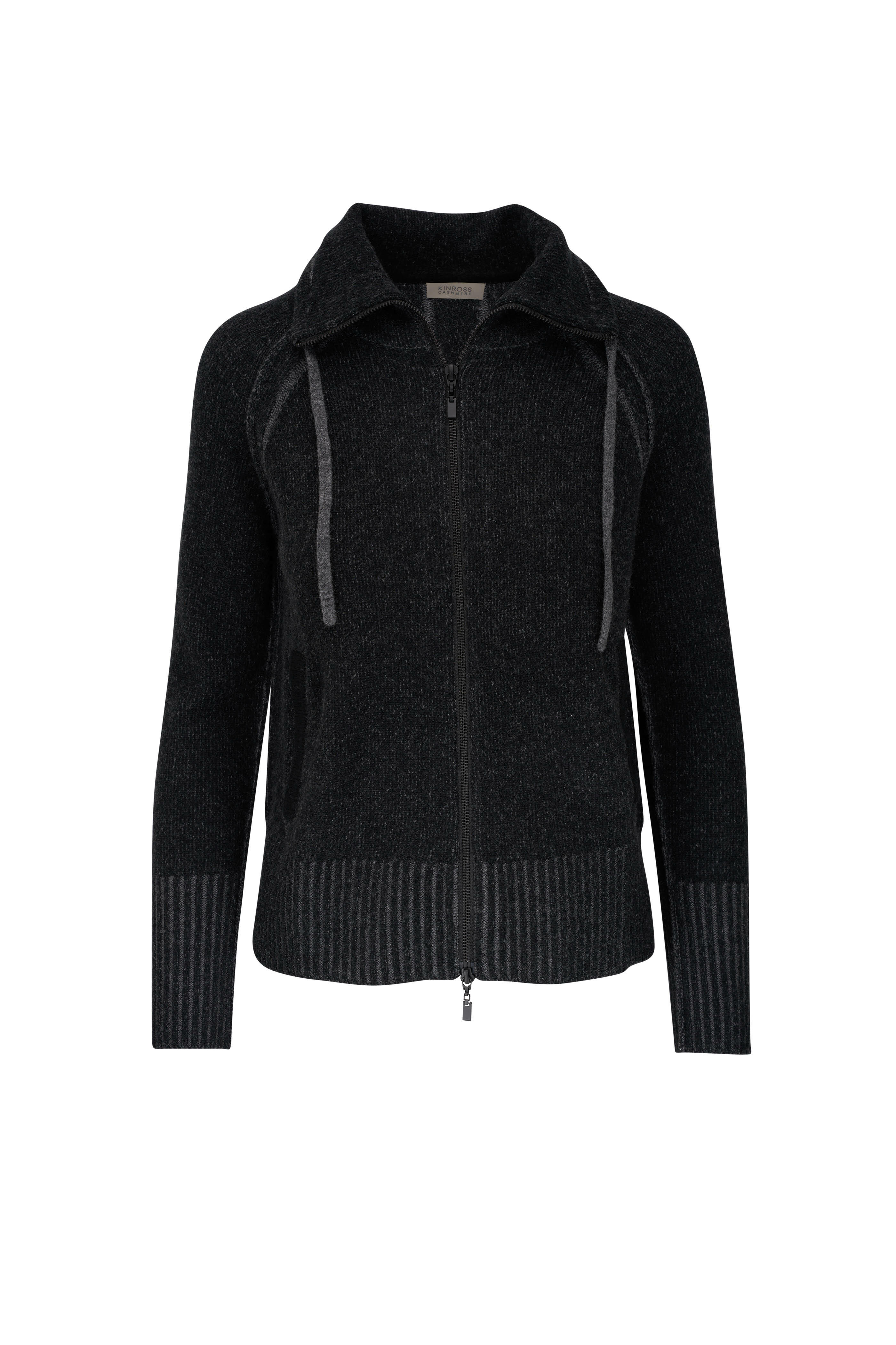 Kinross - Black & Flannel Plaitted Funnel Zip Cardigan Kinross - Black & Flannel Plaitted Funnel Zip Cardigan