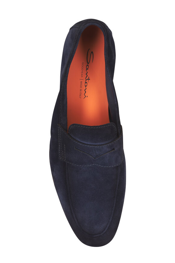Santoni Carlos Navy Blue Suede Penny Loafer - view 4
