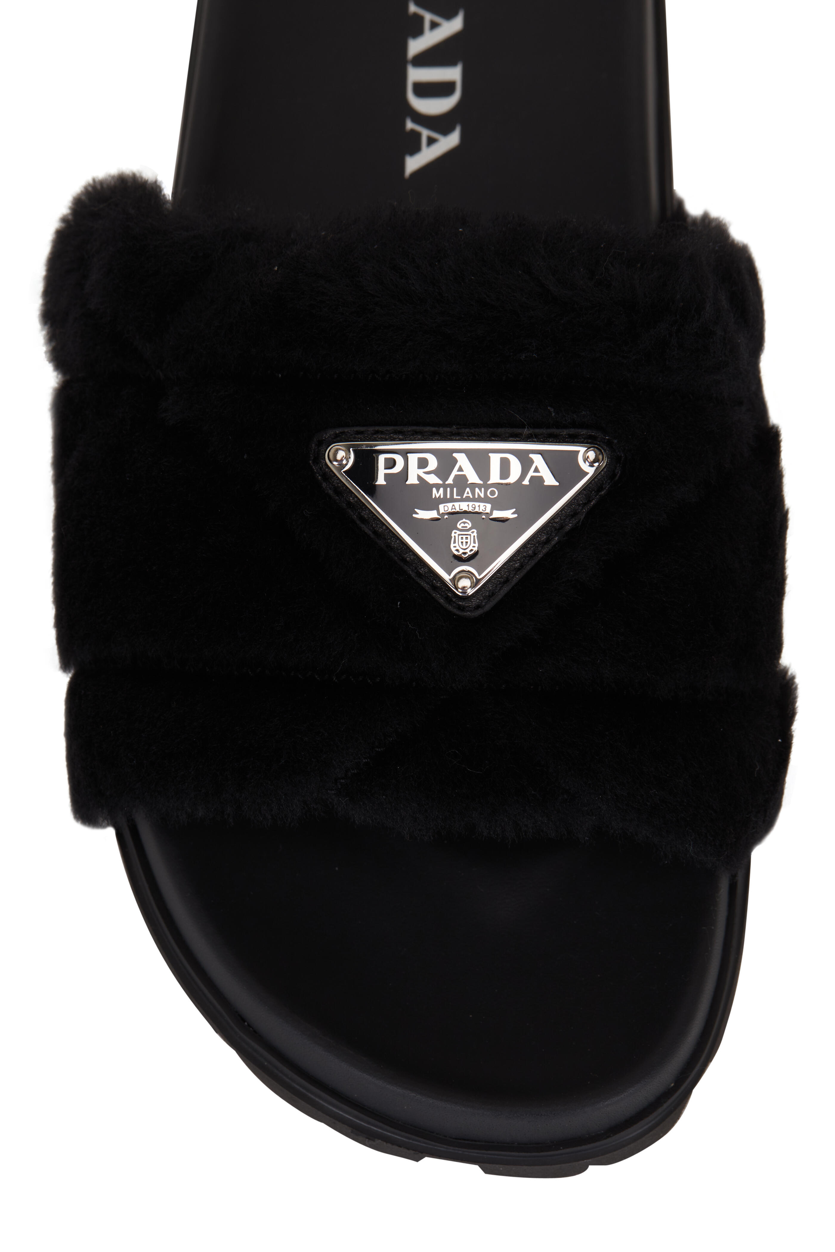 Prada - Black Shearling Pool Slide | Mitchell Stores