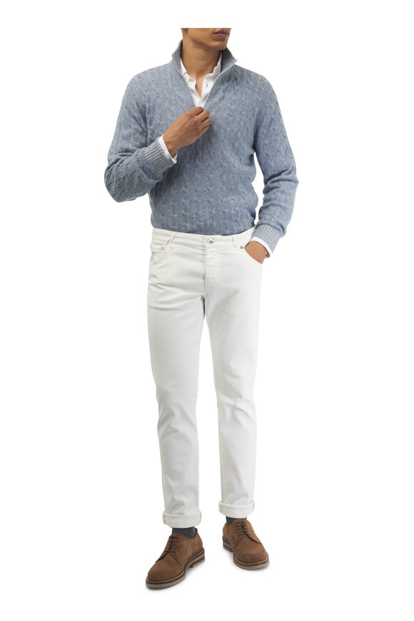 Brunello Cucinelli - Light Blue Cable Knit Quarter Zip Pullover 