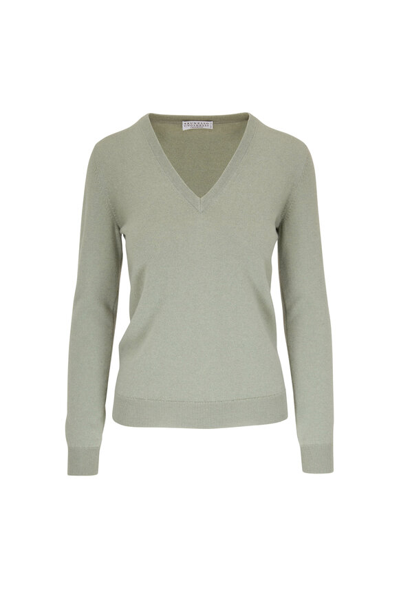 Brunello Cucinelli - Apple Green Cashmere Basic V-Neck Sweater