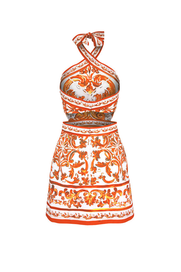 Dolce & Gabbana Majolica Orange & White Cotton Poplin Mini Dress - view 3