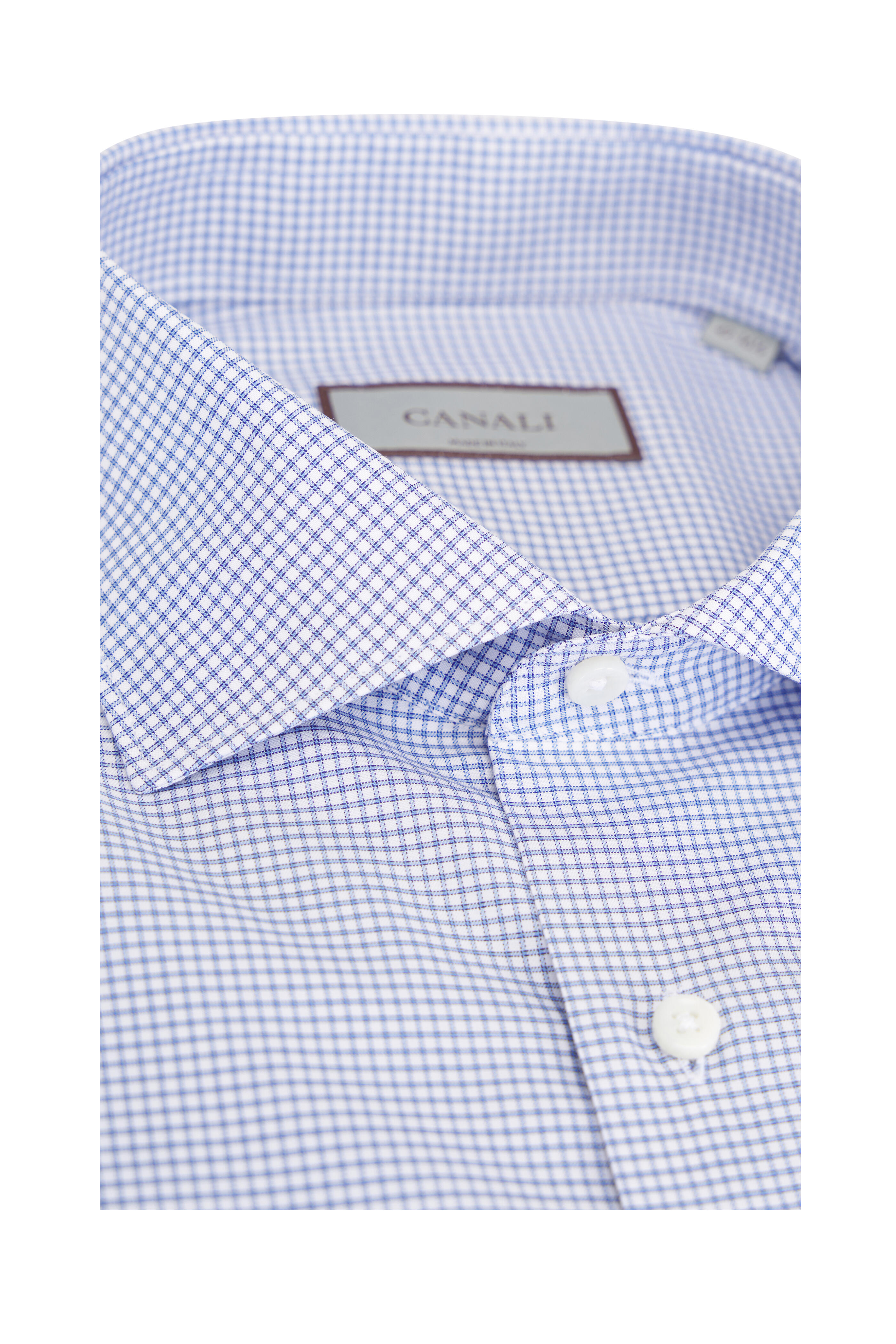 Canali - Blue & White Micro Tattersall Cotton Dress Shirt - view 2