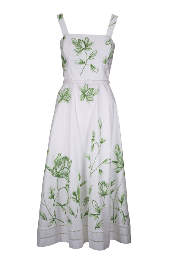 Rani Arabella Embroidered Ivory & Green Belted Midi Dress