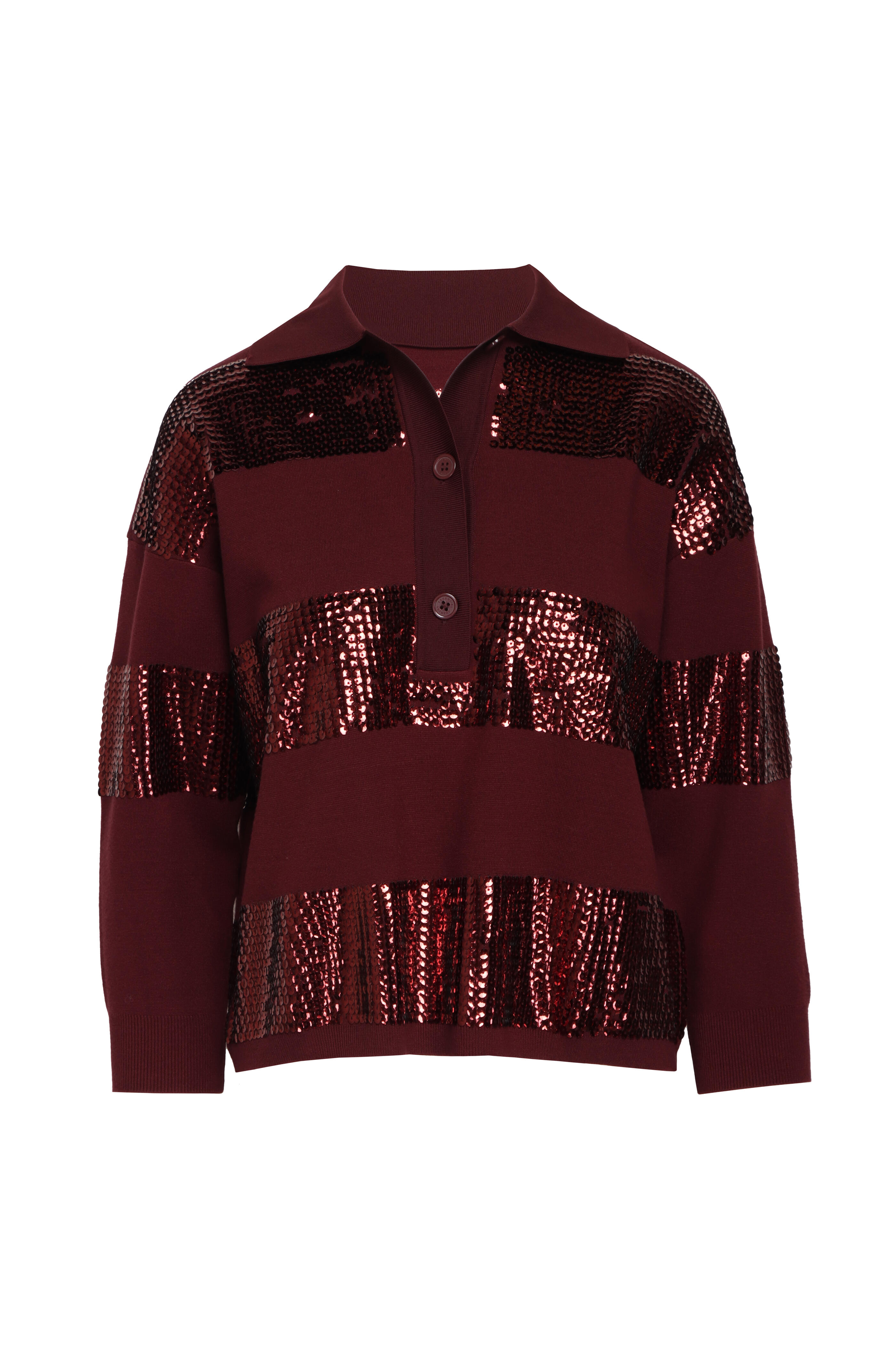 Essentiel Antwerp - Illuminati Burgundy Sequin Stripe Polo