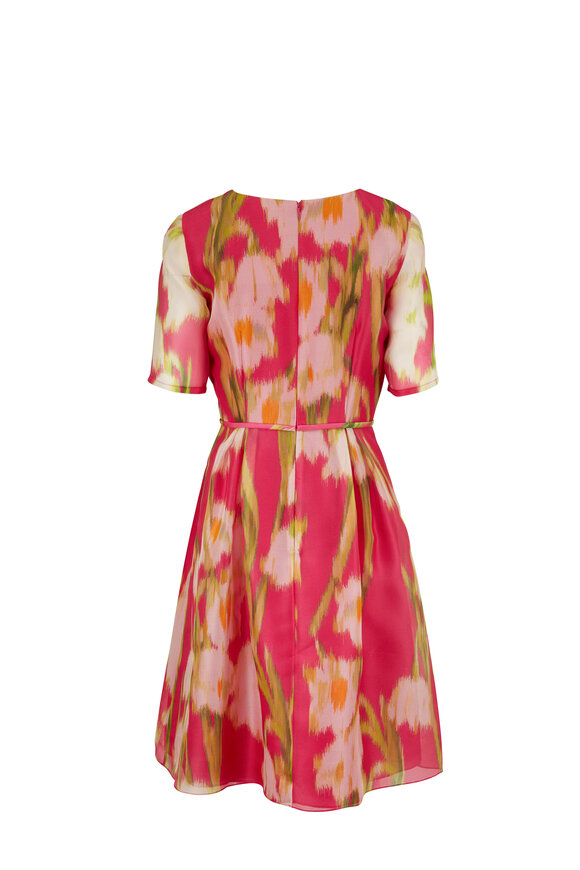 Carolina Herrera - Pink Floral Silk Elbow Sleeve V-Neck Dress