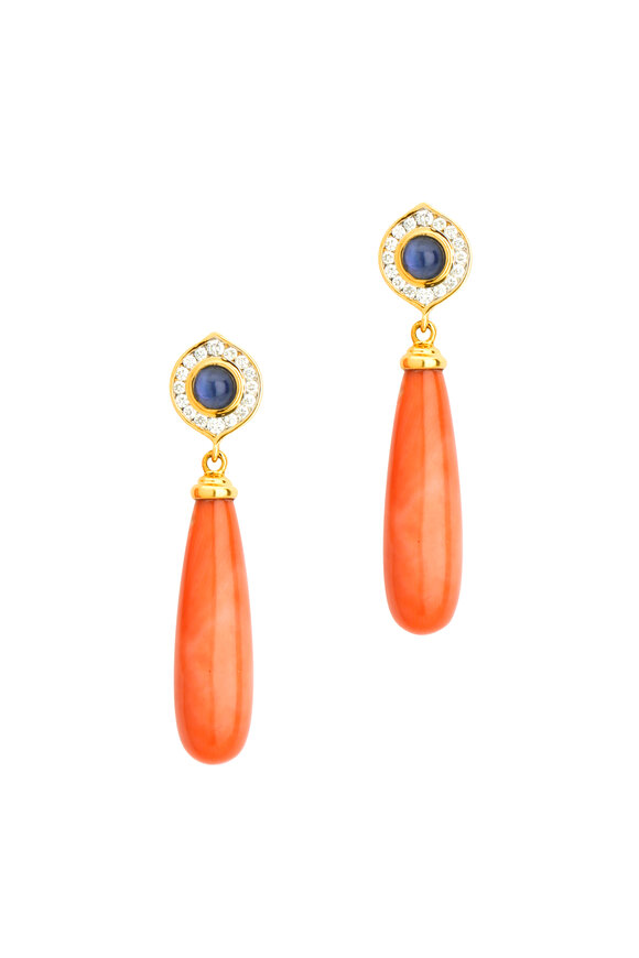 Syna - Kamala Gold Sapphire Coral Diamond Drop Earrings