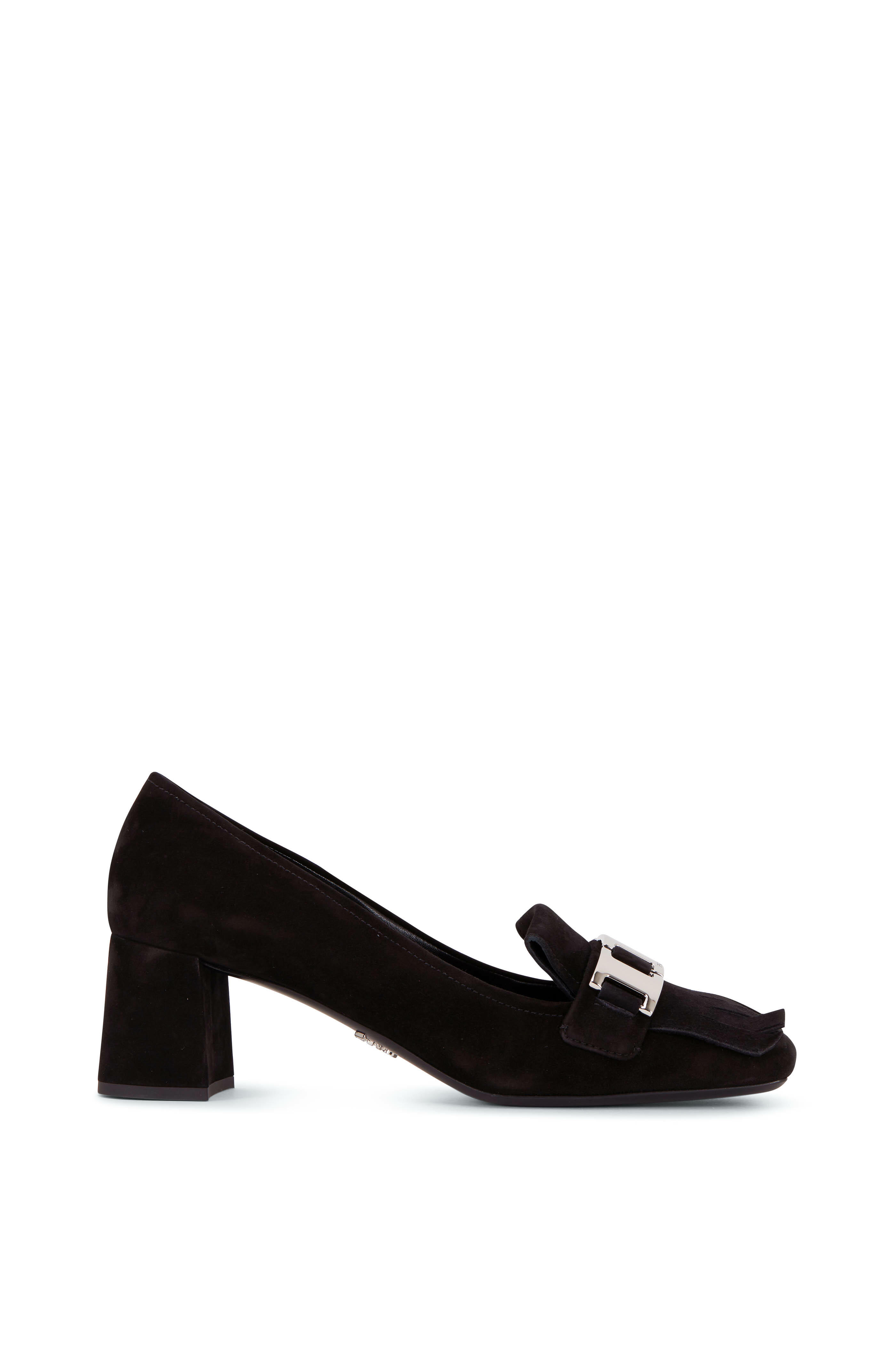 Prada - Black Suede Block Heel Fringe Loafer, 55mm