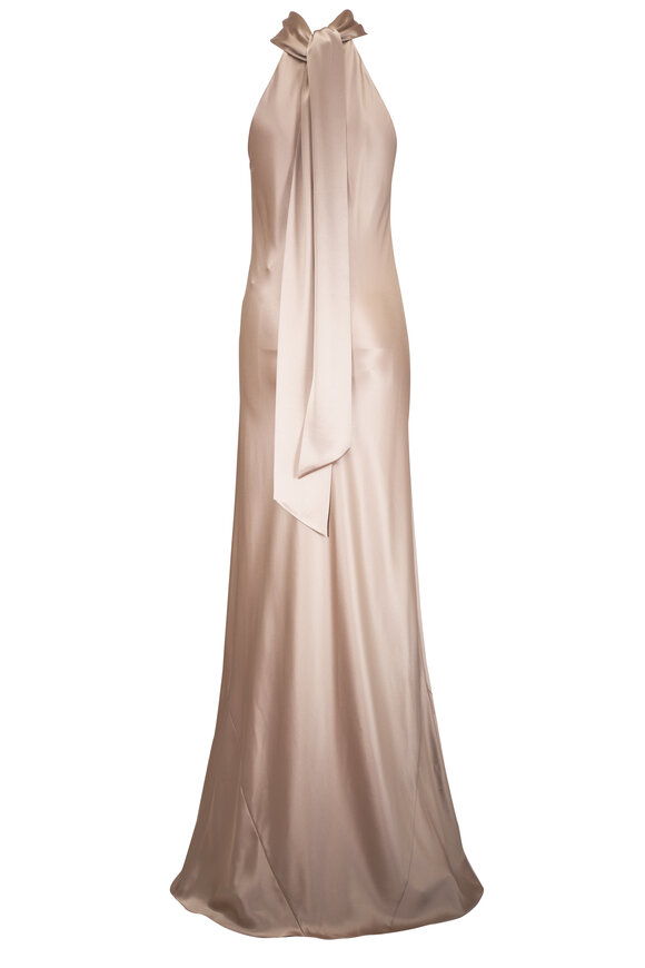 Galvan Sienna Sand High Neck Satin Gown - view 4