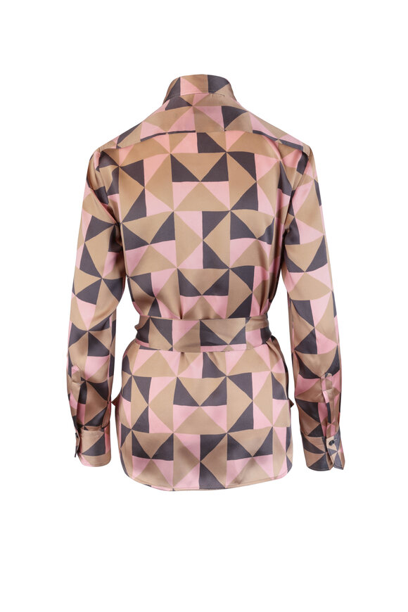 Kiton - Gold & Pink Geometric Print Silk Blouse 